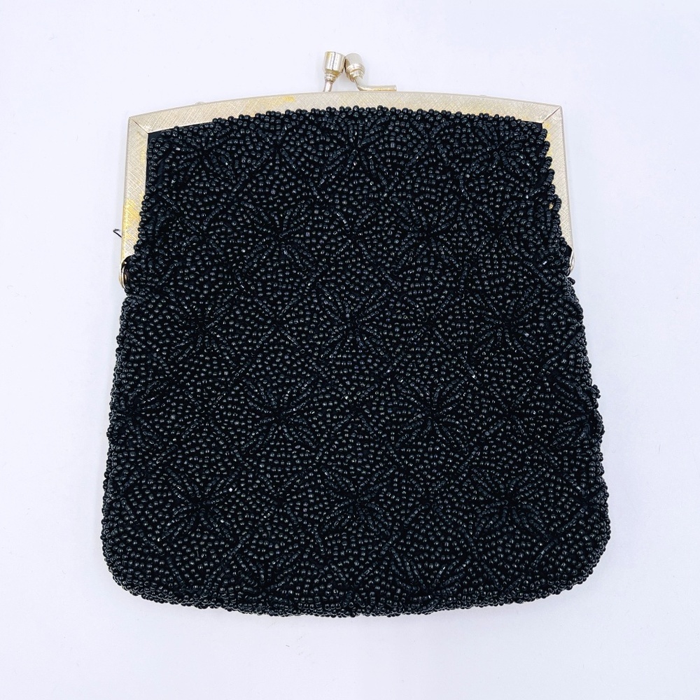 Walborg Black Beaded Vintage Clutch Evening Handbag Silver Kiss Clasp NO CHAIN